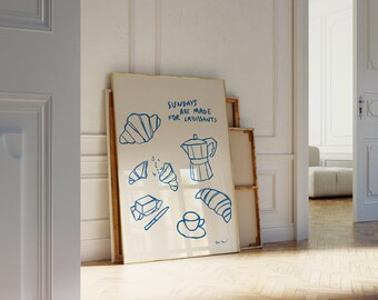 Hand getrokken koffie ontbijt print, esthetische keuken poster, Franse croissant kunst aan de muur, Moka Pot poster, voedsel poster, brunch club poster