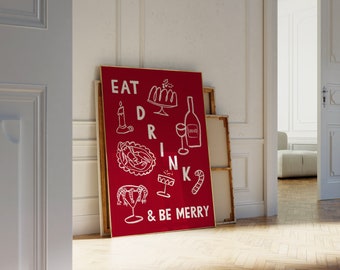 Eat Drink & Be Merry Wandkunst, Weihnachtswandkunst, Feiertagsessenskunst, Weihnachtsabendessensdruck, Weihnachtsbarwagenkunst, Feiertagsküchendruck