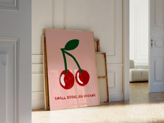 Small Boobs, Big Dreams Wall Art, Cherry Print, Funny Bathroom Print, Cute Bedroom Decor, Trendy Pink Dorm Room Decor, Retro Cherry Poster