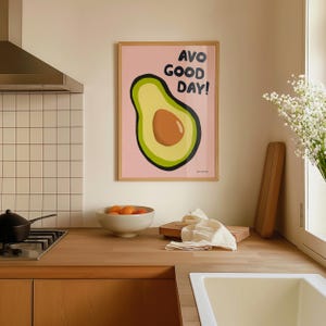 Avo Guten Tag Wandkunst, süßer Avocado-Druck, Frühstücksclub Poster, Retro Essen Kunstdruck, moderne Küche Galeriewand, lustiger Guten Morgen Druck