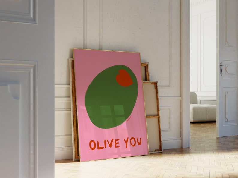 Olive You Wall Art, Pink Olive Print, Maximalist Kitchen, I Love You Art Print, Food Art Kitchen Decor, Pop Art Food Print, Cute Olive Print