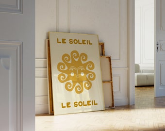 Le Soleil Wall Art, Boho Summer Print, Aesthetic Sun Poster, French Summer Poster, Sun and Sea Digital Art Printable, Retro Coastal Print