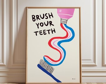 Brush Your Teeth Bathroom Wall Art 30x40cm, Retro Wall Art, Cute Bathroom Poster,  Trendy Guest Check Poster, Aesthetic Bathroom Print