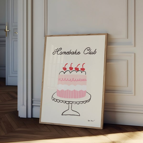 Homebake Club Wall Art, Cherry Cake Art Print, Vintage Cake Poster, Dessert Art Print, Baking Wall Art, Cute Kitchen Print, Food Art Decor