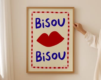 Art mural bisou bisou, impression baiser tendance, affiche française rétro, déco de couloir esthétique, impression chèque invité moderne, mur de la galerie French Kiss