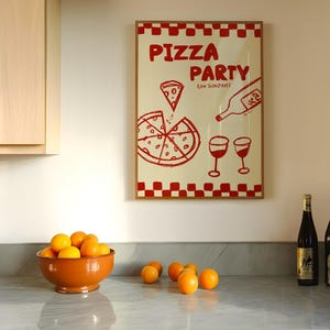 Pizzafeest poster, dinerfeest print, handgetekende wijn poster, esthetische eetkamer decor, moderne keuken kunst aan de muur, Italiaans eten Art Print