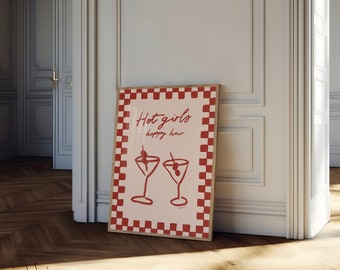 Hot Girls Happy Hour Wall Art, Martini Glasses Print, Trendy Bar Cart Art, Happy Hour Art Print, Fun Cocktail Poster, Modern Kitchen Decor