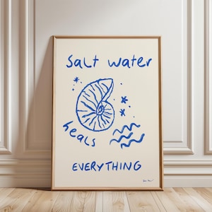 Salt Water Heals Everything Wall Art, Minimalist Blue Seashells Digital Art Printable, Coastal Aesthetic Print, Mediterranean Summer Poster