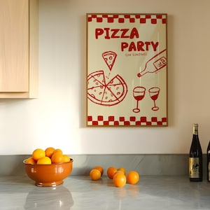 Pizzafeest poster, dinerfeest print, handgetekende wijn poster, esthetische eetkamer decor, moderne keuken kunst aan de muur, Italiaans eten Art Print