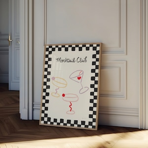 モクテルクラブのウォールアート、レトロなカクテルポスター、楽しいマティーニグラスのプリント、かわいいバーカートのプリント、モダンなキッチンポスター、トレンディなドリンクアートプリント