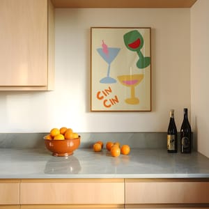 Cin Cin kunst aan de muur, Cheers Wall Art, funky bar cart kunst, handgetekende bar decor, leuke cocktail kunst aan de muur, keuken galerij muur, Salud Sante print