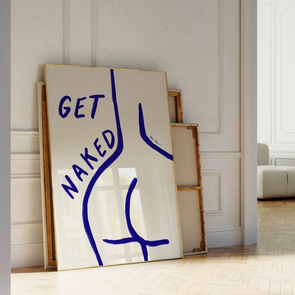 Get Naked Bathroom Print, Female Body Line Art, Trendy Bedroom Wall Art, College Dorm Poster, Female Body Poster, Blue Bathroom Posters