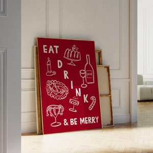 食べて飲んで楽しもうウォールアート、クリスマスウォールアート、ホリデーディナーアート、クリスマスディナープリント、クリスマスバーカートアート、ホリデーキッチンプリント