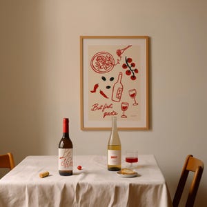 But First Pasta Wall Art, Pasta Night Poster, Wine Club Print, Spaghetti and Wine Food Print,Modern Kitchen Decor, Pasta Lover Illustration
