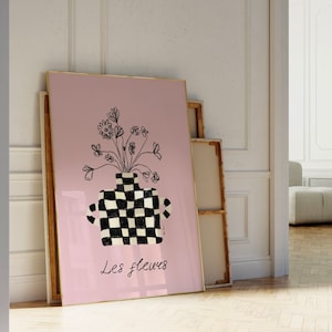 Arte de pared de Les Fleurs, cartel botánico, cartel de flores, flores en ilustración de jarrón a cuadros, cartel del mercado de flores, decoración floral rosa del hogar