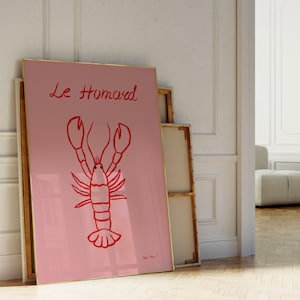 Arte de pared de Le Homard, cartel de langosta, impresión de mariscos rosados, arte de mariscos del océano, arte moderno de la pared de la cocina, cartel de comedor de moda, regalo gastronómico