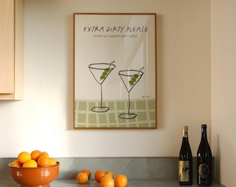 Extra Dirty Please Martini Wall Art, Dirty Martini Poster, Retro Cocktail Print, Bar Cart Wall Art, Modern Kitchen Decor, Retro Drink Poster