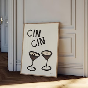 Cin Cin kunst aan de muur, print espresso martini, Cheers poster, barwagen kunst, handgetekende martini print, cocktailkunst, vintage drankje keukenkunst