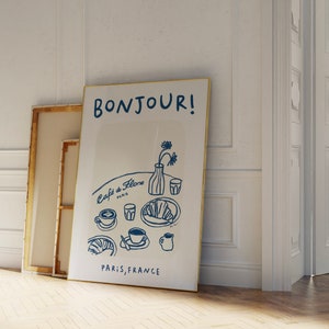 Cafe De Flore Art Print, Bonjour Poster, French Coffee Poster, Croissant Breakfast Poster, Retro Food Art Print, Modern Kitchen Gallery Wall