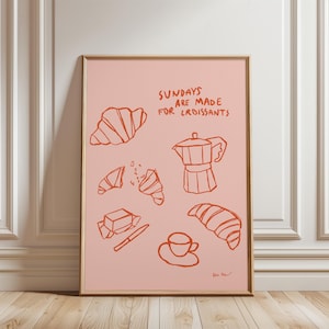 Los domingos son para croissants, póster de cocina estética, arte mural de croissants franceses, póster de cafetera moka, póster de comida, póster de club de brunch