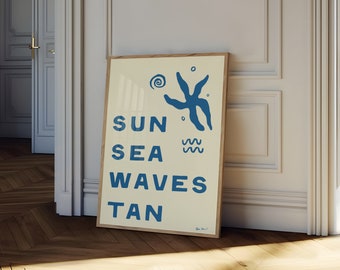 Sun Sea Waves Tan Wall Art, Minimalist Blue Summer Aesthetic Digital Art Printable, Coastal Aesthetic Print, Mediterranean Summer Poster