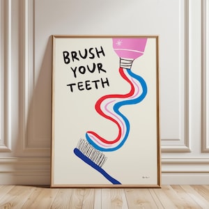 Brush Your Teeth Bathroom Wall Art, Retro Wall Art, Cute Bathroom Poster,  Trendy Guest Check Poster, Aesthetic Bathroom Print, Home Decor