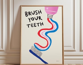 Brush Your Teeth Bathroom Wall Art, Retro Wall Art, Cute Bathroom Poster,  Trendy Guest Check Poster, Aesthetic Bathroom Print, Home Decor