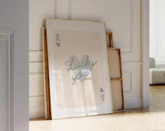 Blue Ace of Hearts Wall Art, Preppy Lucky You Poster, Trendy How Lucky Are We Print Aesthetic Playing Card Poster, Coquette Dorm Room Decor