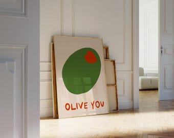 Olive You Wall Art, Pink Olive Print, Maximalist Kitchen, I Love You Art Print, Food Art Kitchen Decor, Pop Art Food Print, Cute Olive Print