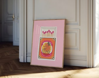 El arte de la pared de la caja de cerillas del ciclista, impresión de la caja de cerillas, arte del carrito de la barra de moda, cartel de la caja de cerillas vintage, impresión moderna de la sala de estar, impresión retro de la caja de cerillas
