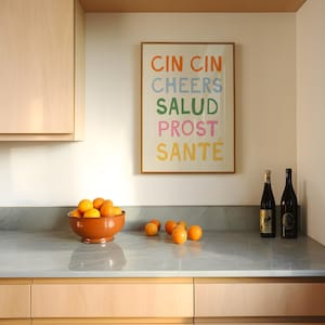 Proost kunst aan de muur, funky barwagen kunst, handgetekende bar decor, leuke cocktail muurkunst, keuken galerij muur, cin cin muur kunst, Salud Sante print