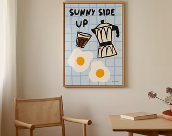 Sunny Side Up Wandkunst, Kaffee und Eier Druck, Frühstücksclub Poster, Retro Food Kunstdruck, Moderne Küche Galeriewand, Fun Moka Pot Print