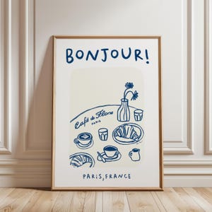 Cafe De Flore Art Print, Bonjour-poster, poster Franse koffie, poster Croissantontbijt, retro food Art Print, moderne keuken galerijmuur