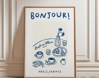Cafe De Flore Art Print, Bonjour Poster, French Coffee Poster, Croissant Breakfast Poster, Retro Food Art Print, Modern Kitchen Gallery Wall
