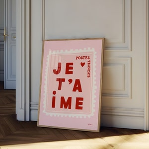 Arte de pared de sello postal Je T'Aime, Impresión de te amo, Arte de pared romántico de moda, Impresión de pared de galería rosa estética, Decoración del día de San Valentín