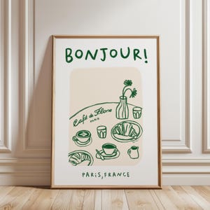 Stampa artistica Cafe De Flore, poster Bonjour, poster del caffè francese, poster della colazione con croissant, stampa artistica di cibo retrò, parete galleria della cucina moderna