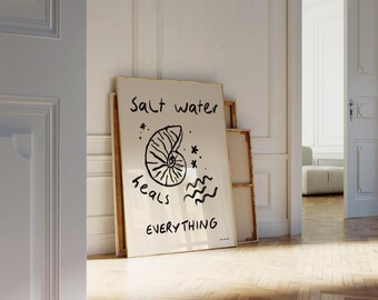 Salt Water Heals Everything Wall Art, Minimalist Blue Seashells Digital Art Printable, Coastal Aesthetic Print, Mediterranean Summer Poster