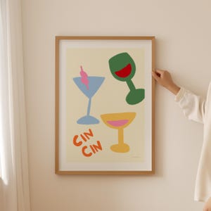 Cin Cin kunst aan de muur, Cheers Wall Art, funky bar cart kunst, handgetekende bar decor, leuke cocktail kunst aan de muur, keuken galerij muur, Salud Sante print