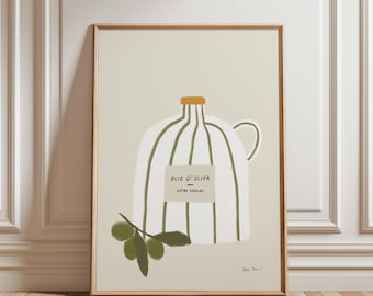 Olio d'Oliva kunst aan de muur, olijfoliefles print, moderne gestreepte olijfolie poster, olijven kunst aan de muur, decor eten kunst, olijftak kunst