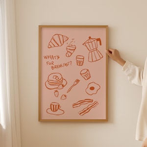 Puede incluir: Un póster rosa con el texto "What's for breakfast?" e ilustraciones de alimentos para el desayuno en naranja, que incluyen un croissant, una cafetera, una pila de panqueques, un huevo frito, tocino y fresas.