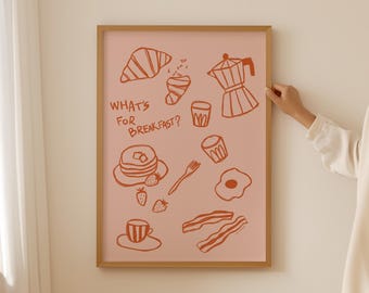 What's for Breakfast Print, Aesthetic Kitchen Poster, French Croissant Wall Art, Coffee Moka Pot Poster, Food Poster, Brunch Club Poster