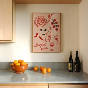 But First Pasta Wall Art, Pasta Night Poster, Wine Club Print, Spaghetti and Wine Food Print,Modern Kitchen Decor, Pasta Lover Illustration