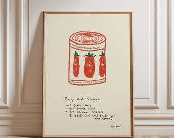 Family Meal Spaghetti Wall Art, The Bear Poster, Aesthetic Kitchen Decor, Tinned Tomato Illustration, The Bear TV Show, Yes Chef Print