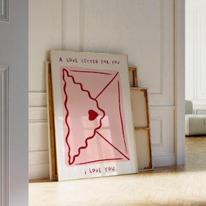 Arte de parede de carta de amor, impressão de eu te amo, arte de parede romântica moderna, impressão de parede estética de galeria rosa, decoração de dia dos namorados, impressão de amor formal