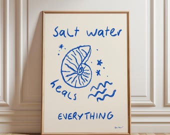 Salt Water Heals Everything Wall Art, Minimalist Blue Seashells Digital Art Printable, Coastal Aesthetic Print, Mediterranean Summer Poster