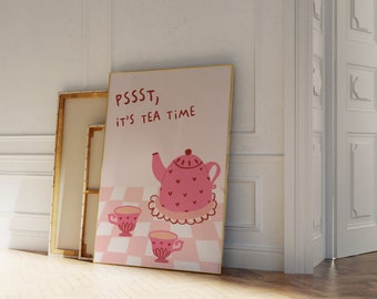 Pssst Es el arte de la pared de la hora del té, impresión de la cocina de la hora del té, cartel de la tetera, impresión linda de la taza de té, impresión de arte de la cocina retro, impresión femenina del amante del té