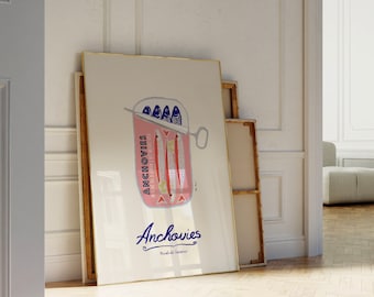Anchovies Print, Fish Kitchen Wall Art, Sardine Tin Poster, Seafood Print Italy, Retro Food Art, Vintage Foodie Gift, Food Art Kitchen Decor