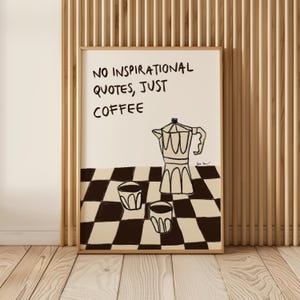 Koffie muurkunst, handgetekende koffie ontbijt print, geruit ontbijtespresso poster, esthetisch neutraal keukendecor, mokka pot print