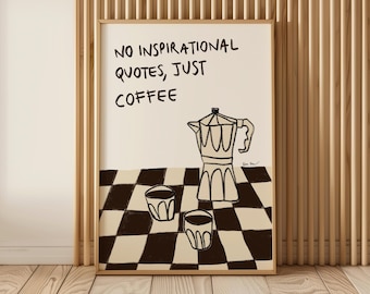 Coffee Wall Art, Hand Drawn Coffee Breakfast Print, Checkered Breakfast Espresso Poster, Aesthetic Neutral Kitchen decor, Moka Pot Print