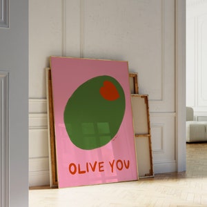 Olive You Wall Art, Pink Olive Print, Maximalist Kitchen, I Love You Art Print, Food Art Kitchen Decor, Pop Art Food Print, Cute Olive Print